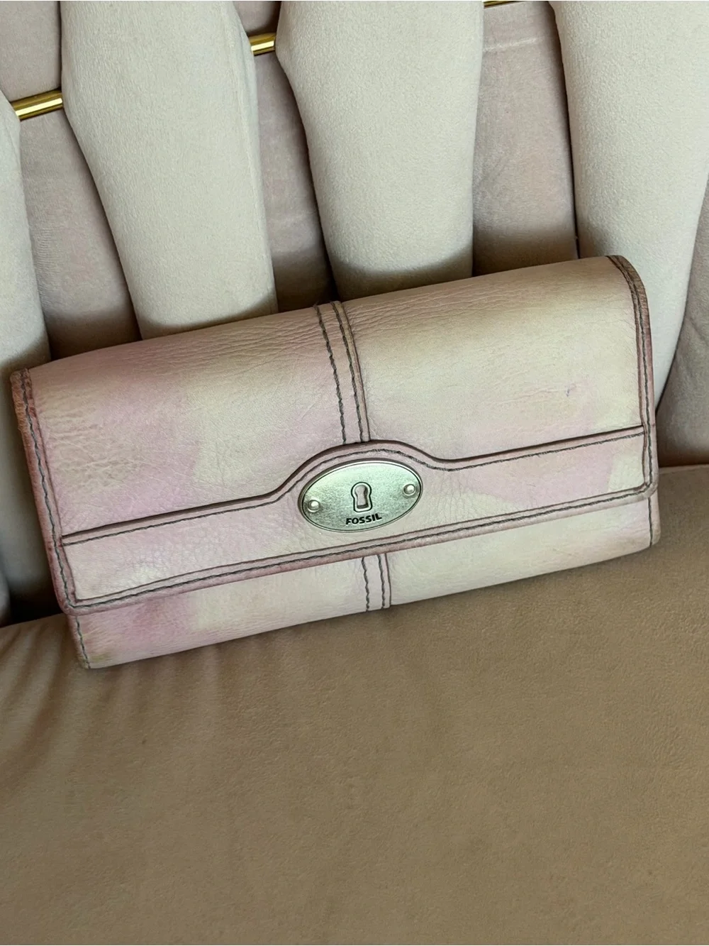 Fossil Pale Pink Leather Foldover Wallet with Silver-Tone Lock